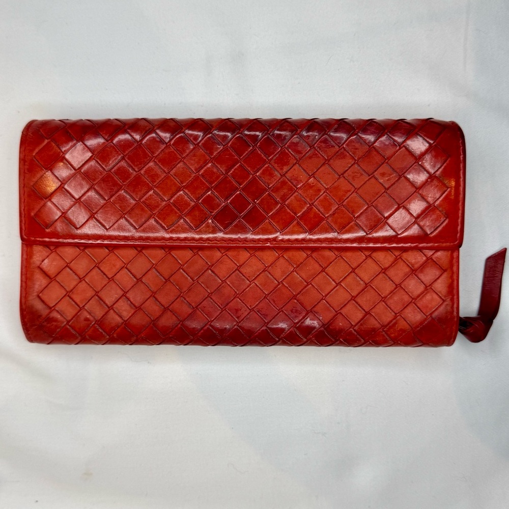 Bottega Veneta Burnt Orange/Red Woven Leather Long Wallet